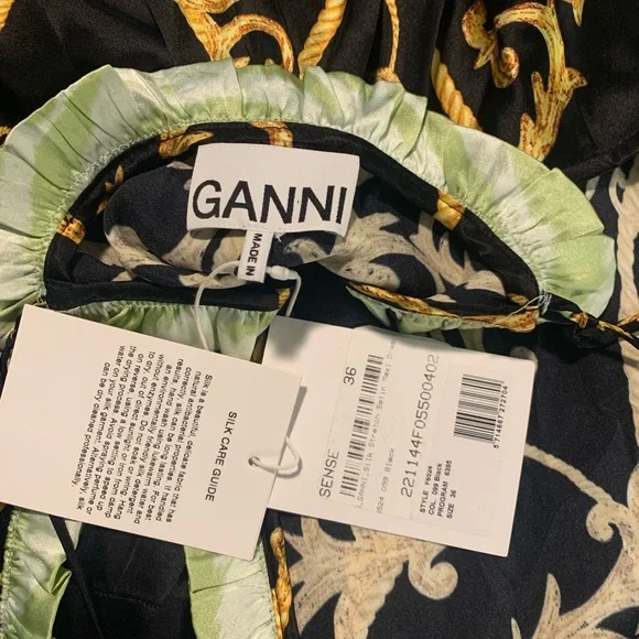 NWT Ganni Black Panel Ruffle Slip Dress, 36, green trim gold chain print - Picture 10 of 12